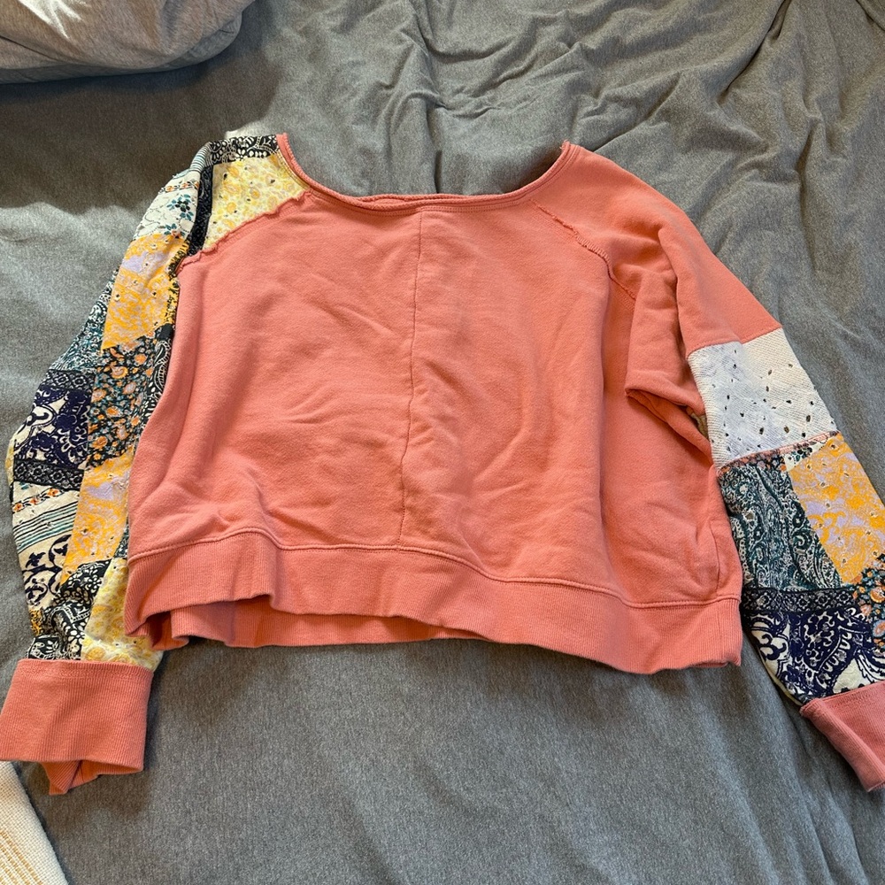 Free People Coral Pullover with Patchwork Paisley Sleeves